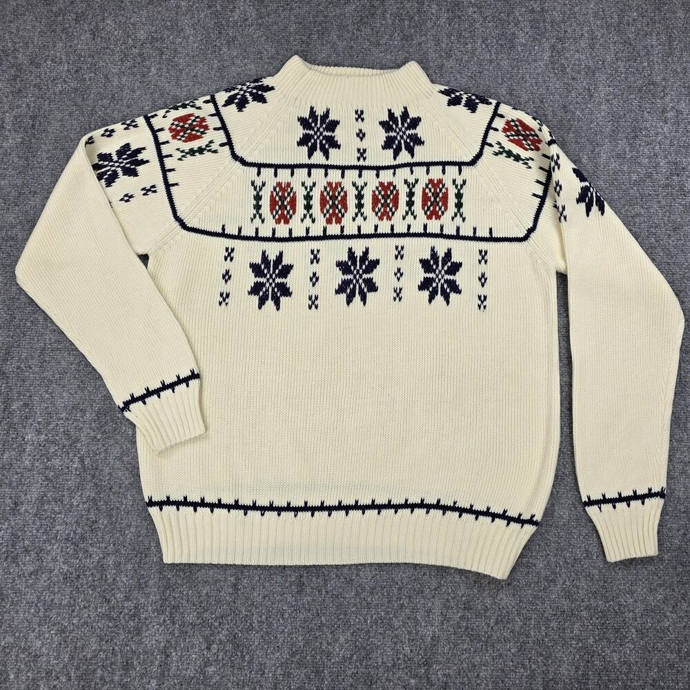 Vintage JCPenney Sweater Mens Large White Fair Isle Snowflake Mock Neck Knit